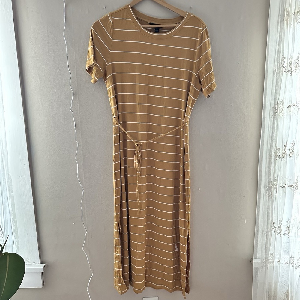 Banana Republic Striped T-Shirt Midi Dress Size M Yellow Mustard Casual‎ Modest